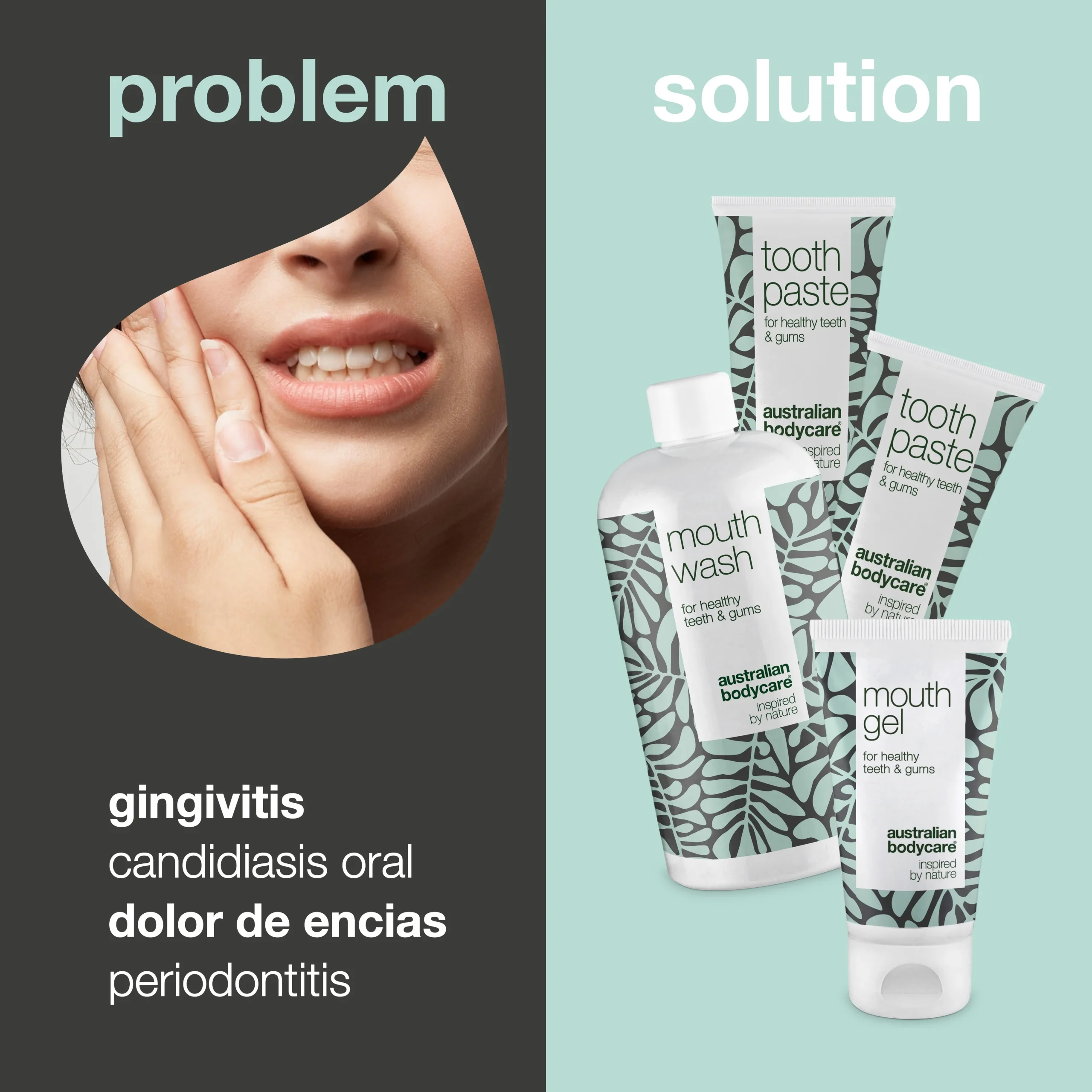 Pack Bucal de 4 productos con aceite de árbol de té — Para el cuidado diario de la candidiasis oral, periodintitis y gingivitis