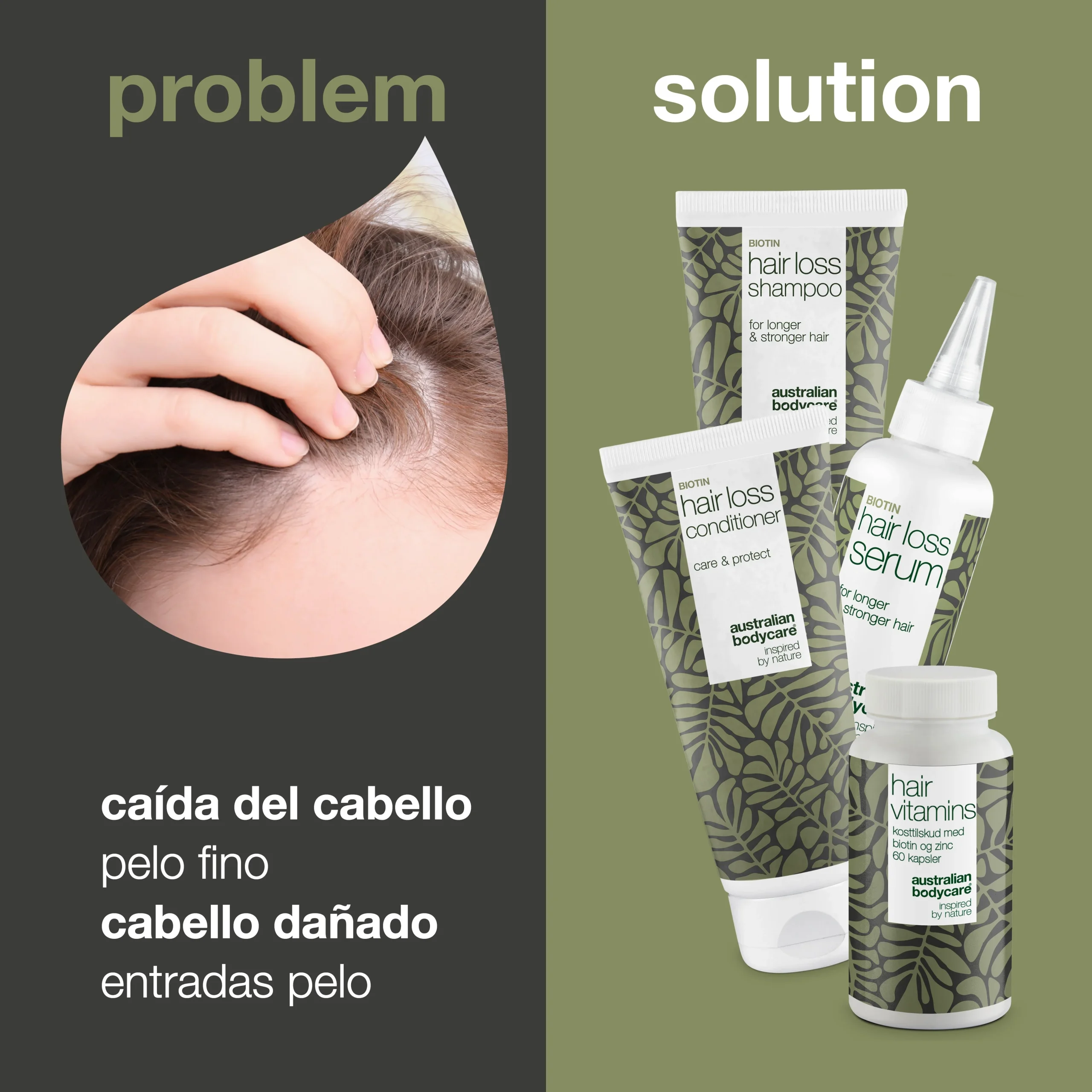 4 productos para la caída y el adelgazamiento del pelo — Productos para la caída del pelo con biotina, aceite de árbol de té y Capilia Longa