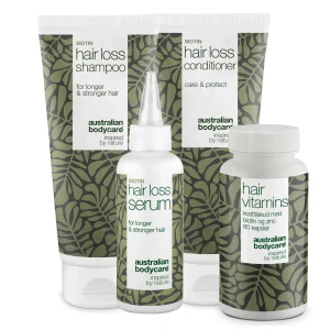 4 productos para la caída y el adelgazamiento del pelo — Productos para la caída del pelo con biotina, aceite de árbol de té y Capilia Longa