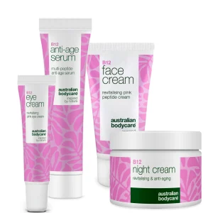 ¿Arrugas bajo los ojos? Set B12 eficaz — Cuidado efectivo con B12, ácido hialurónico y péptidos para piel joven.