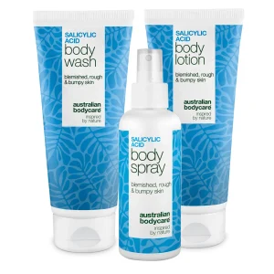 Tratamiento corporal para granos – rutina 3 pasos con ácido salicílico — Pack contra granos e impurezas. Limpia poros con ácido salicílico, niacinamida y zinc para una piel más lisa y equilibrada.