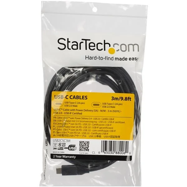 StarTech.com Cable USB C Macho – USB C Macho, 3 Metros, Negro USB2C5C3M CON CAPACIDAD PD 5A USB 2.0