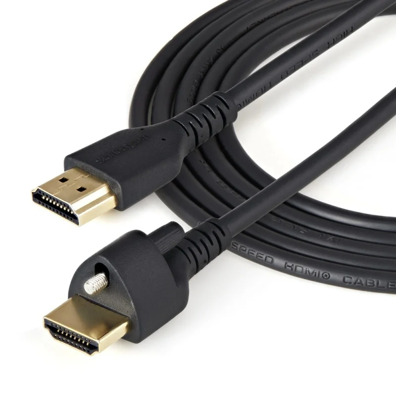 StarTech.com Cable HDMI HDMM1MLS de 1m con Tornillo de Seguridad – HDMI 2.0 4K 60Hz HDR de Alta Velocidad con Ethernet, Coneor de Bloqueo, M/M – Cable for Dispositivo de audio/vídeo, TV, Monitor, Proyeor, Sistema de teatro en casa, Reproduor de seńalización digital, Extensor de puerto, Conmutador – 18Gbit/s – Admite hasta3840 x 2160 – Apantallado – Oro Coneor chapado – 34 AWG – Negro CABLE HDMI DE 1M CON TORNILLODE SEGURIDAD EN EL CONEOR