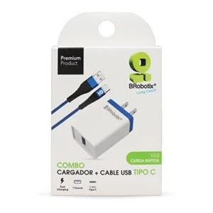 BROBOTIX COMBO USB Probotix 963325 DE CARGA RAPIDA CARGADOR USB 3.0 PARA PARED + CABLE USB TIPO C COLOR NEGRO – Adaptador Cable Corriente Alimentacion Telefono Celular – USB Version 3.0 FAST CHARGING CARGADOR USB PARED 1PTO / CABLE USB TIPO C NGO FASTCHARGE BROBOTIX